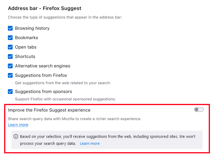 Firefox suggest settings