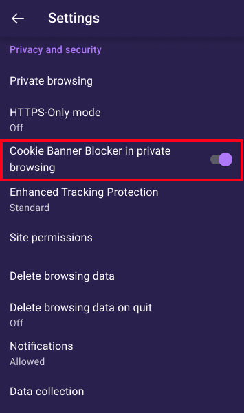 Block cookie banners on Firefox for Android enable/disable