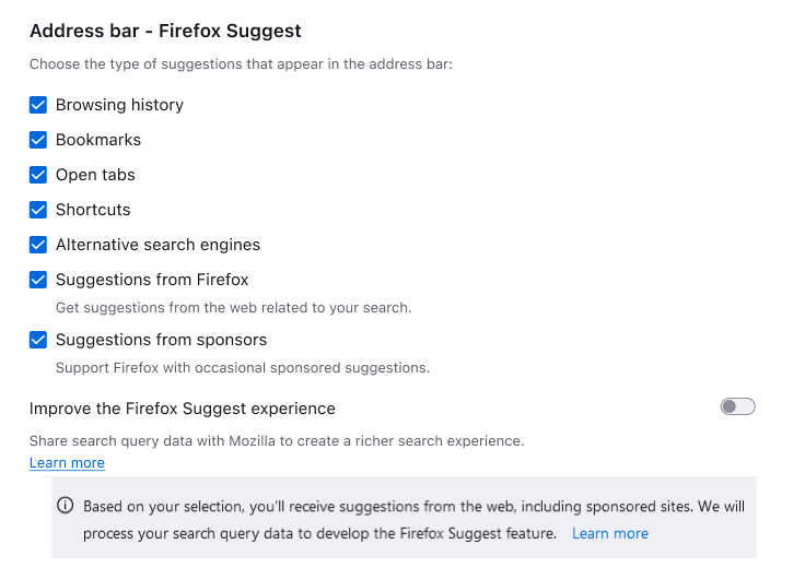 Firefox suggest preferences