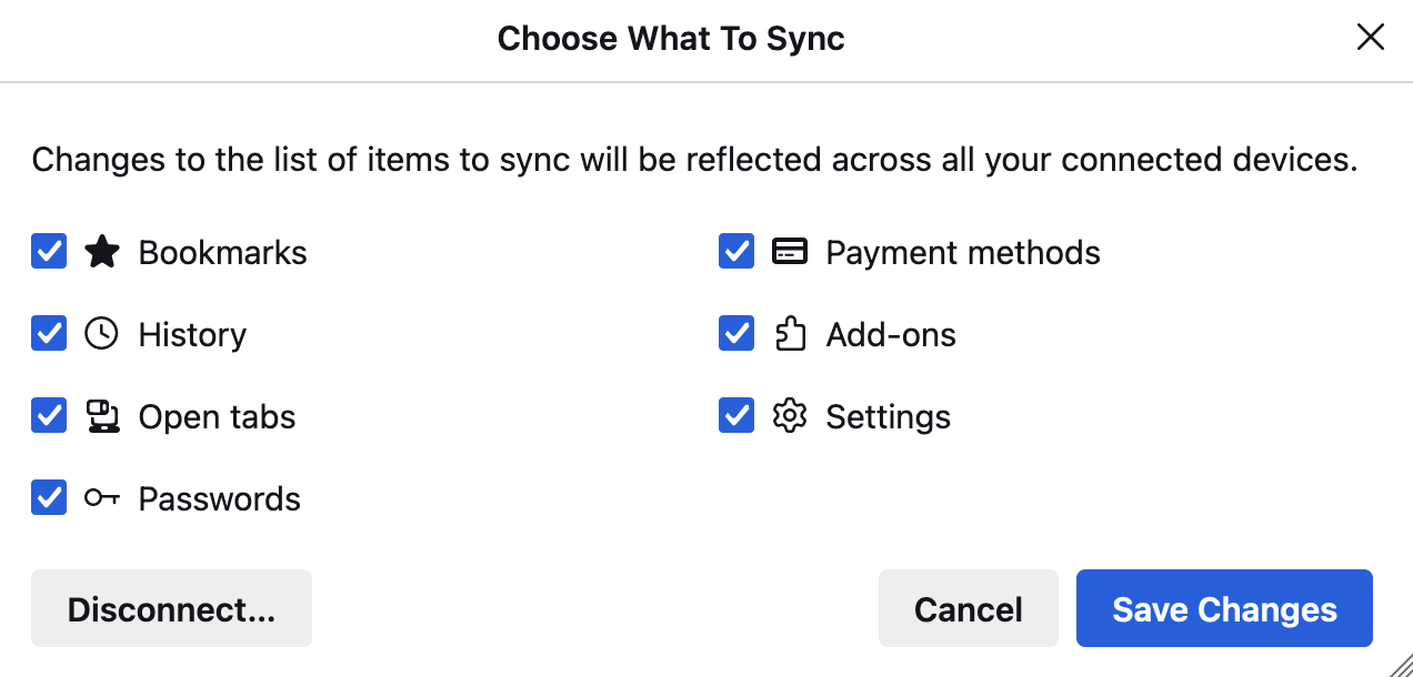 Choose what to sync panel