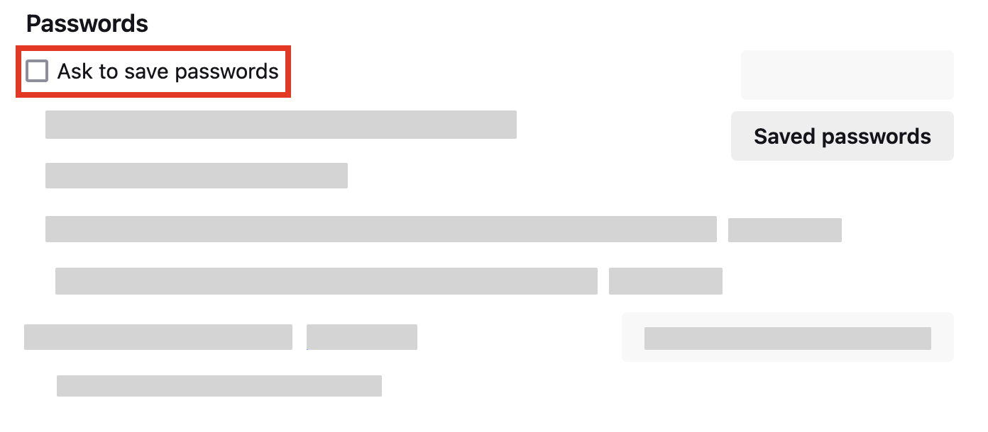 Ask to save passwords option with saved passwords button