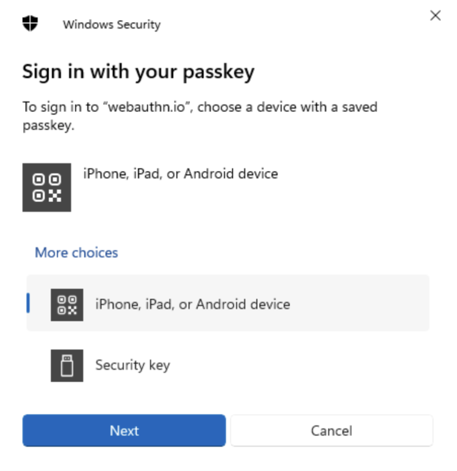 Passkey popup on Windows