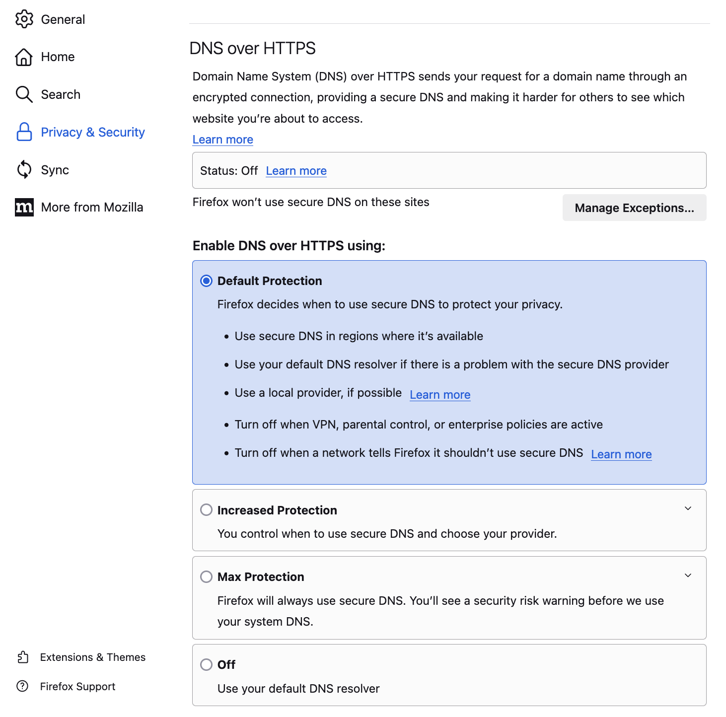 DNS over HTTPS panel