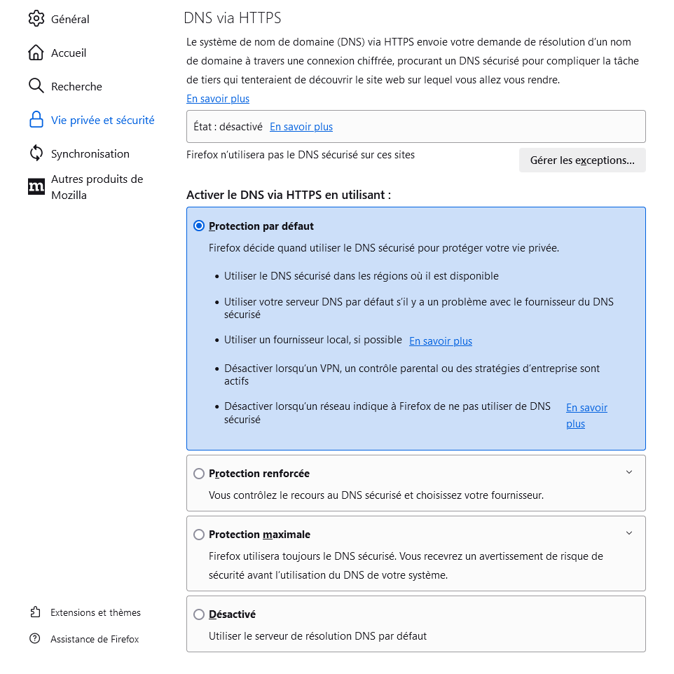 Configurer les niveaux de la protection par DNS via HTTPS dans Firefox