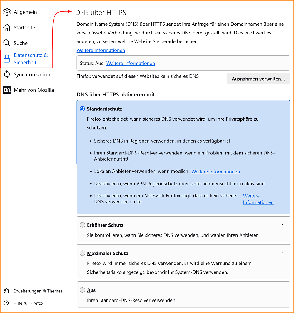 Einstellungen Datenschutz DNS über HTTPS fx122