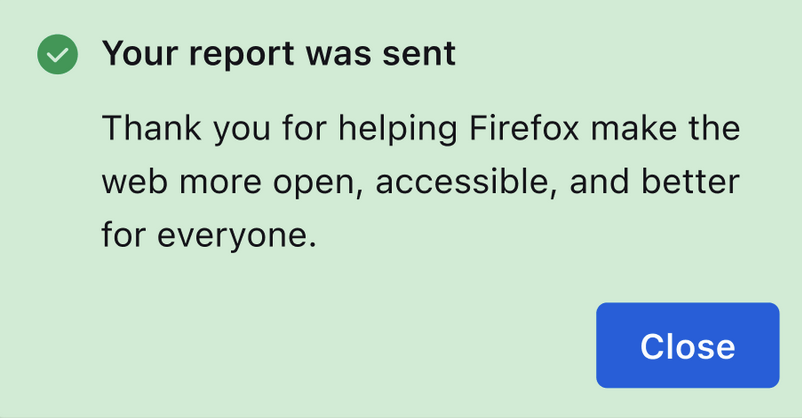 Report broken site panel Success message