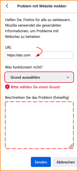 Problem mit Website melden Grund auswählen fx123