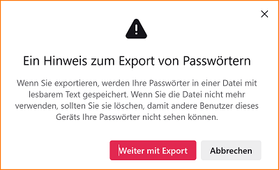 Zugangsdaten exportieren Warnhinweis fx123
