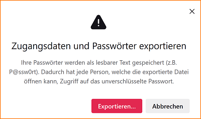 Zugangsdaten exportieren Warnhinweis fx121