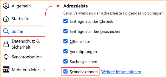 Einstellungen Suche Adressleiste Schnellaktionen fx123