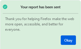 Fx123-Report broken site panel Success message Okay