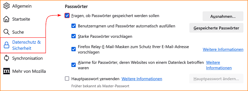 Einstellungen Datenschutz Passwörter fx123