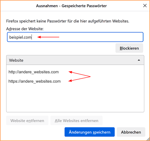 Dialog Ausnahmen gespeicherte Passwörter fx123