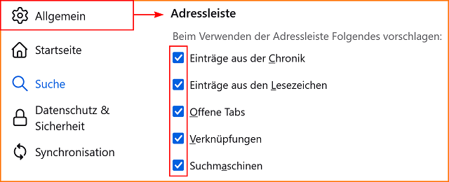 Einstellungen Datenschutz Adressleiste fx123