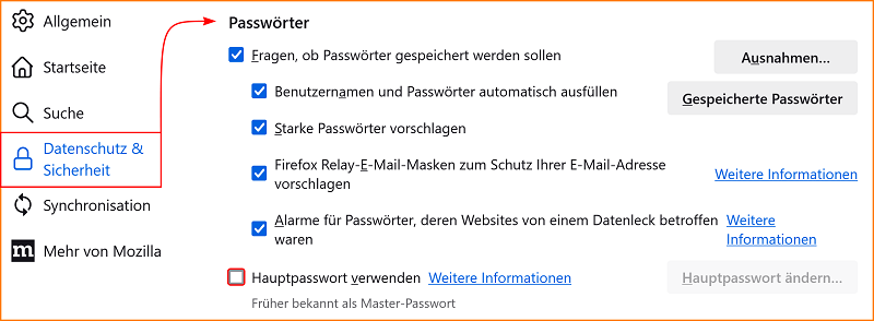 Einstellungen Passwörter Hauptpasswort verwenden fx123