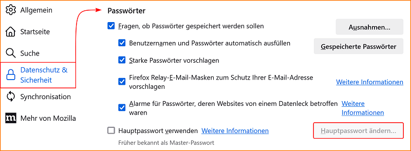 Einstellungen Passwörter Hauptpasswort ändern fx123