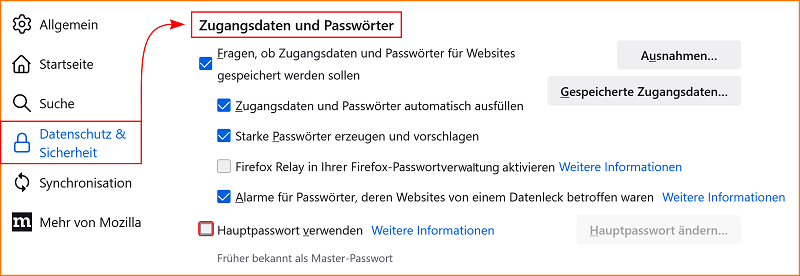 Einstellungen Zugangsdaten Hauptpasswort verwenden fx111