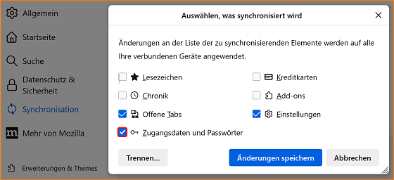 Sync Zugangsdaten und Passwörter fx121