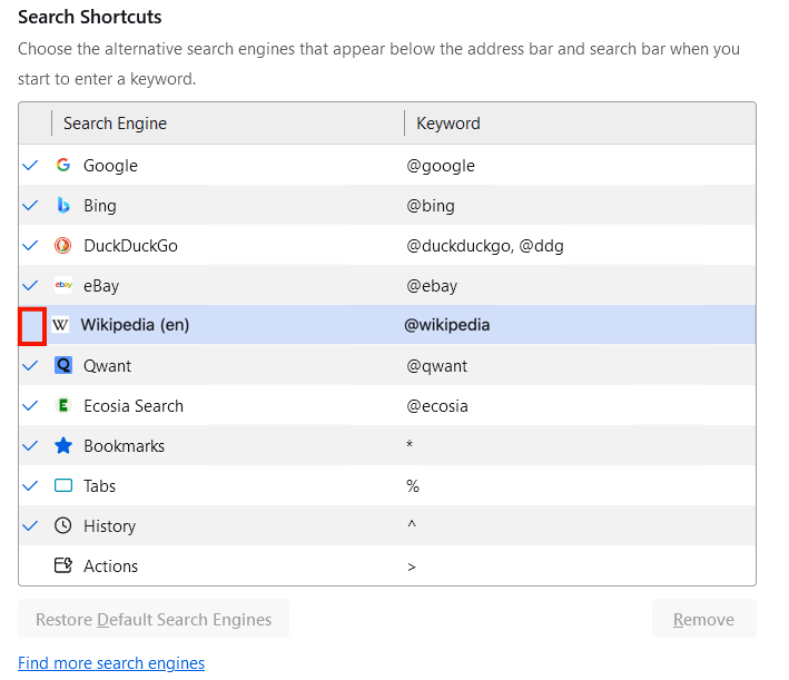 Search shortcuts - Hide engine