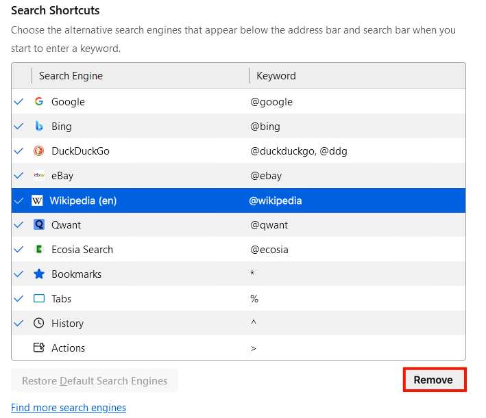Search shortcuts - Remove engine