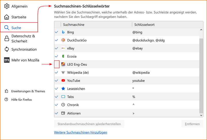 Einstellungen Suche Suchmaschine verbergen fx123