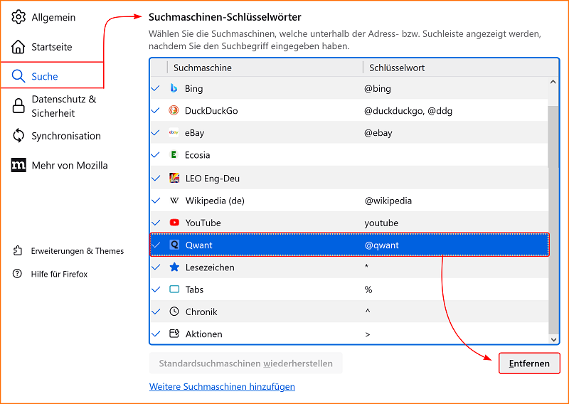 Einstellungen Suche Suchmaschine entfernen fx123