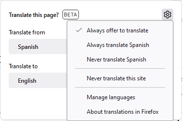 Firefox Translations - Settings Menu (default)