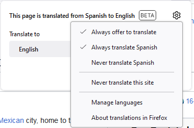 Firefox Translations - Settings menu (Always Translate Spanish)