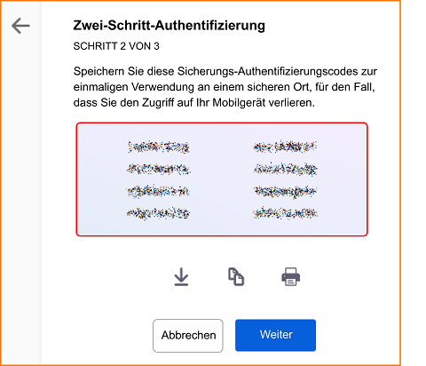 2FA Authentication-Sicherungscode Liste