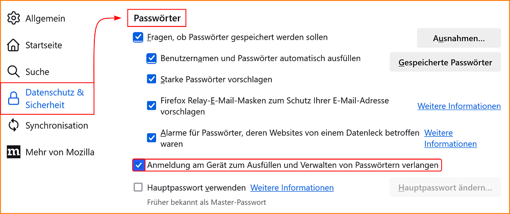 Einstellungen Datenschutz Passwörter Anmeldung fx127