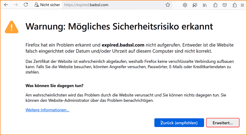 TLS Zertifikat Warnseite fx127