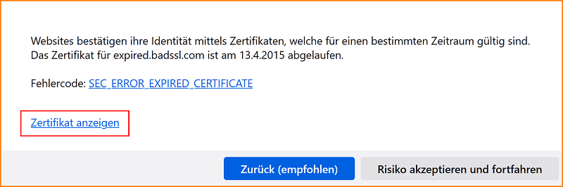 TLS Zertifikat Warnseite erweiterte Infos fx127