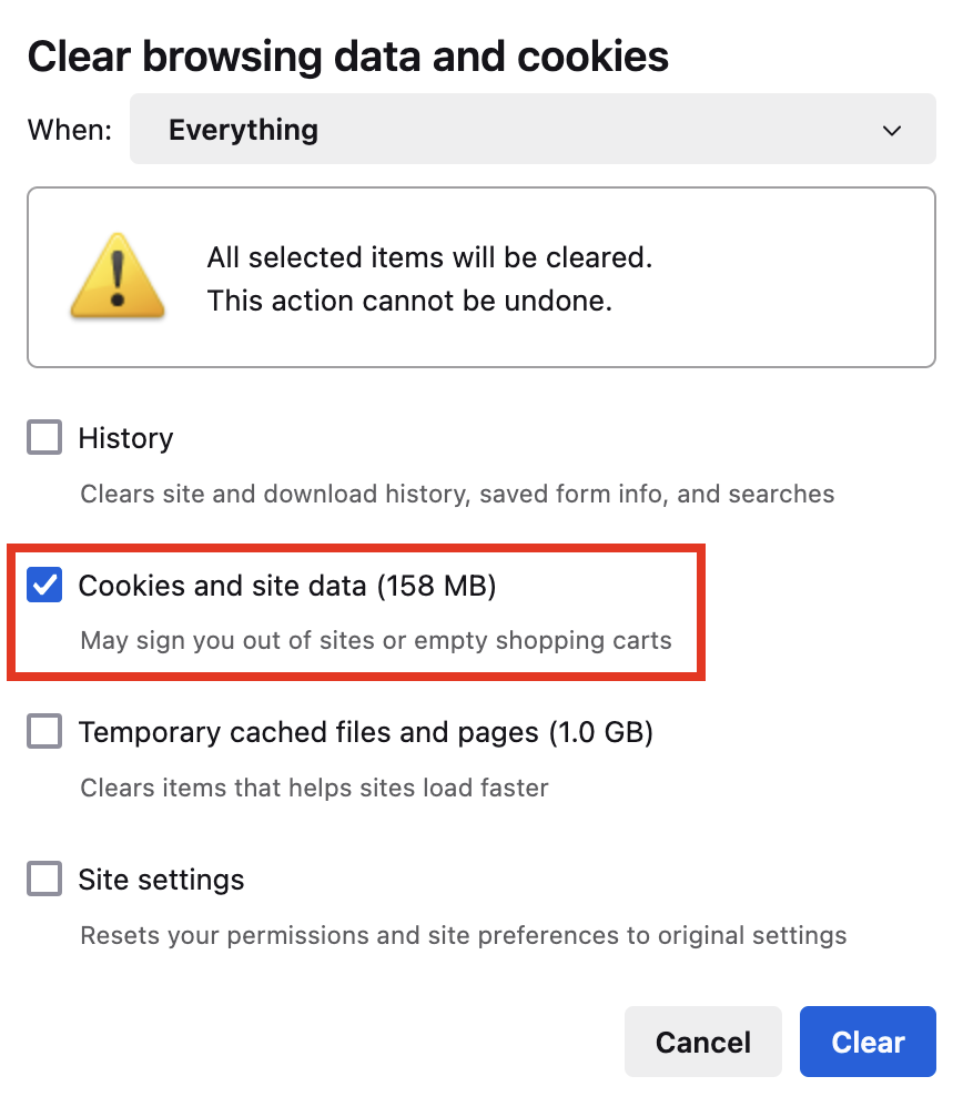 Clear cookies and site data dialog