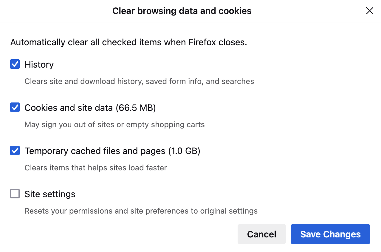 Clear  browsing data and cookies dialog