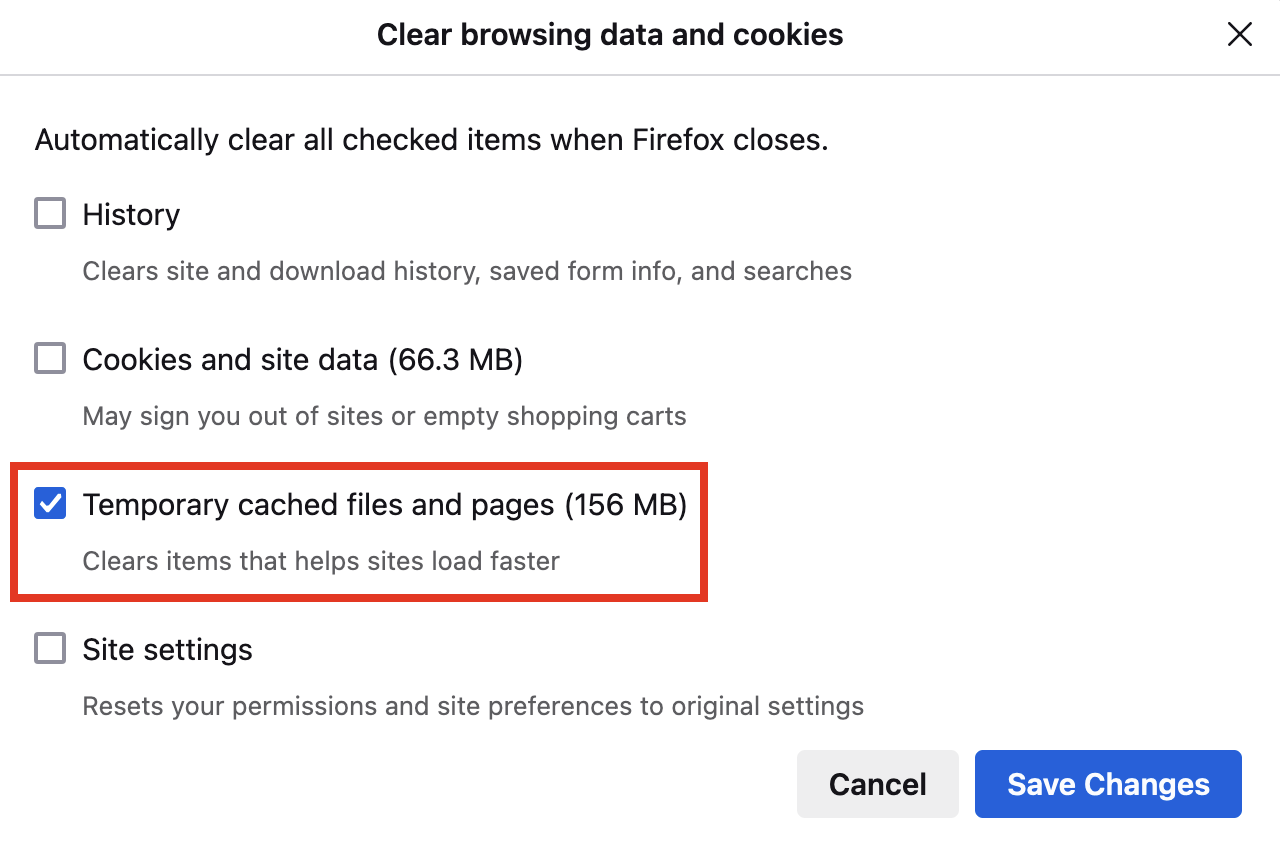 Clear  browsing data and cookies dialog - cache