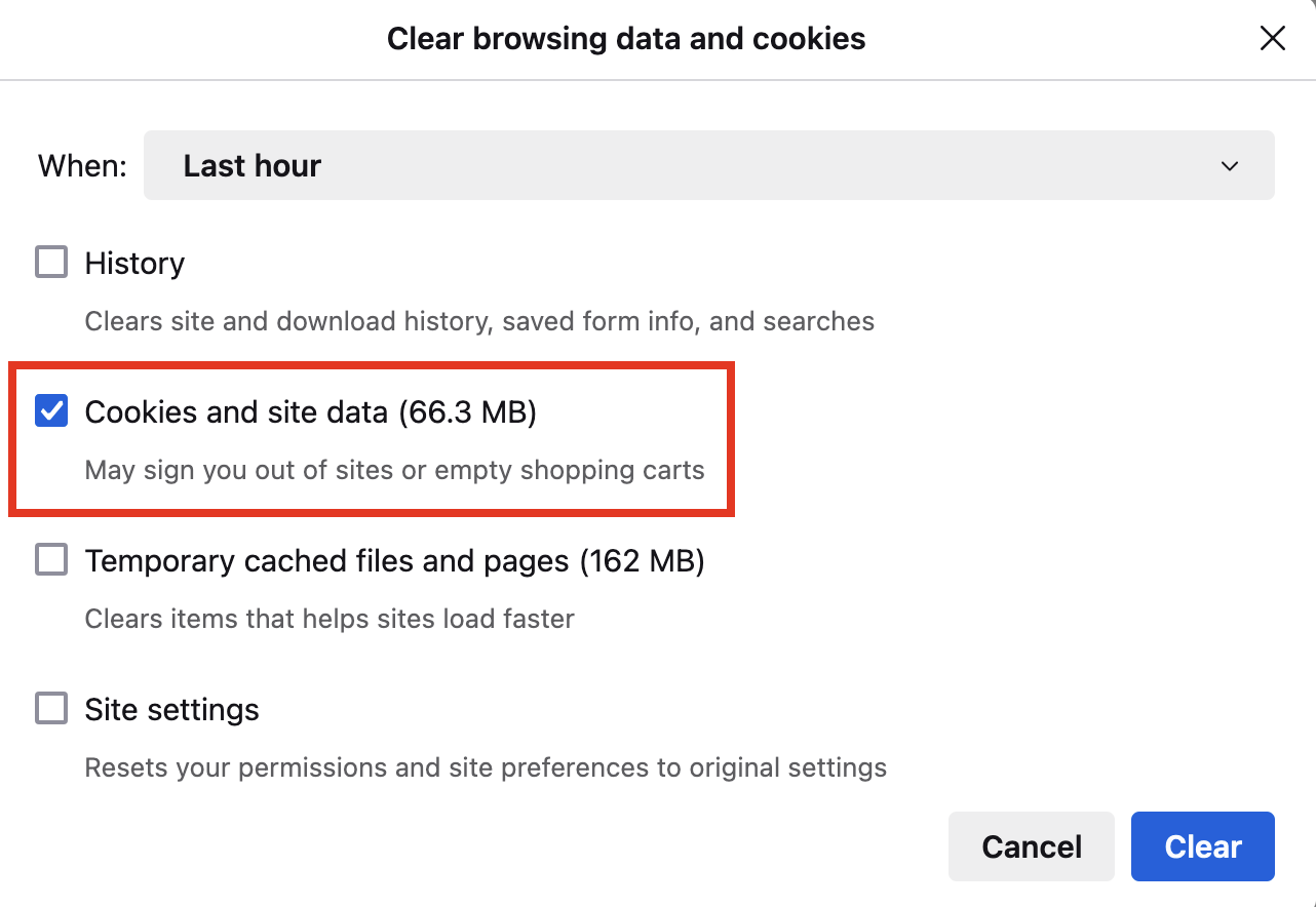 Clear cookies and site data dialog 2