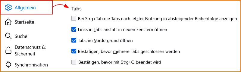 Einstellungen Allgemein Tabs linux fx94