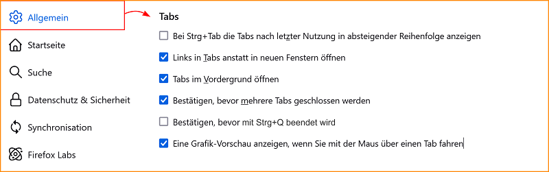 Einstellungen Allgemein Tabs linux fx129