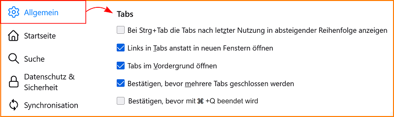 Einstellungen Allgemein Tabs macOS fx94