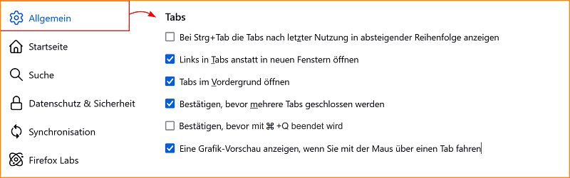 Einstellungen Allgemein Tabs macOS fx129