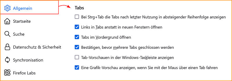 Einstellungen Allgemein Tabs fx129