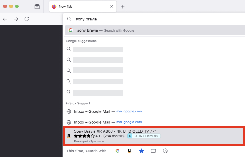 Fakespot sponsored searches in Firefox Suggest