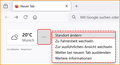 Neuer Tab Wetter Standort ändern mit Menü fx128