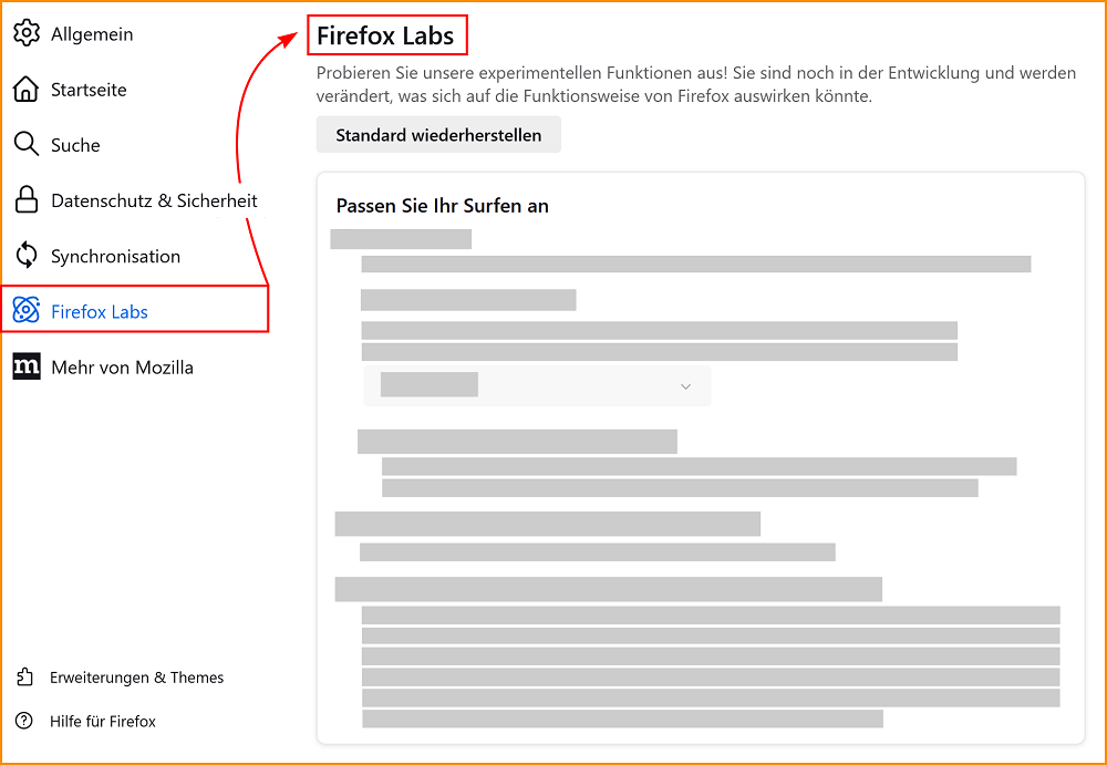 Einstellungen Firefox Labs