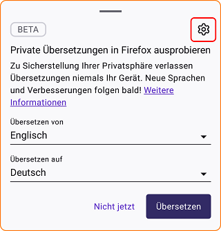 Android Übersetzung Fenster Zahnradsymbol