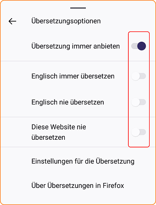 Android Übersetzung Fenster Übersetzungsoptionen 1