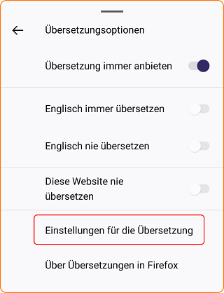 Android Übersetzung Fenster Übersetzungsoptionen 2