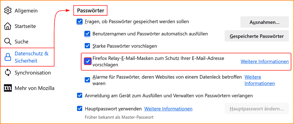 Einstellungen Datenschutz Passwörter Relay Masken fx127