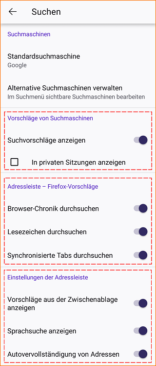 Android Sucheinstellungen Optionen m130