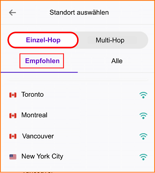 VPN Standort wählen Einzel Hop Empfohlen 1